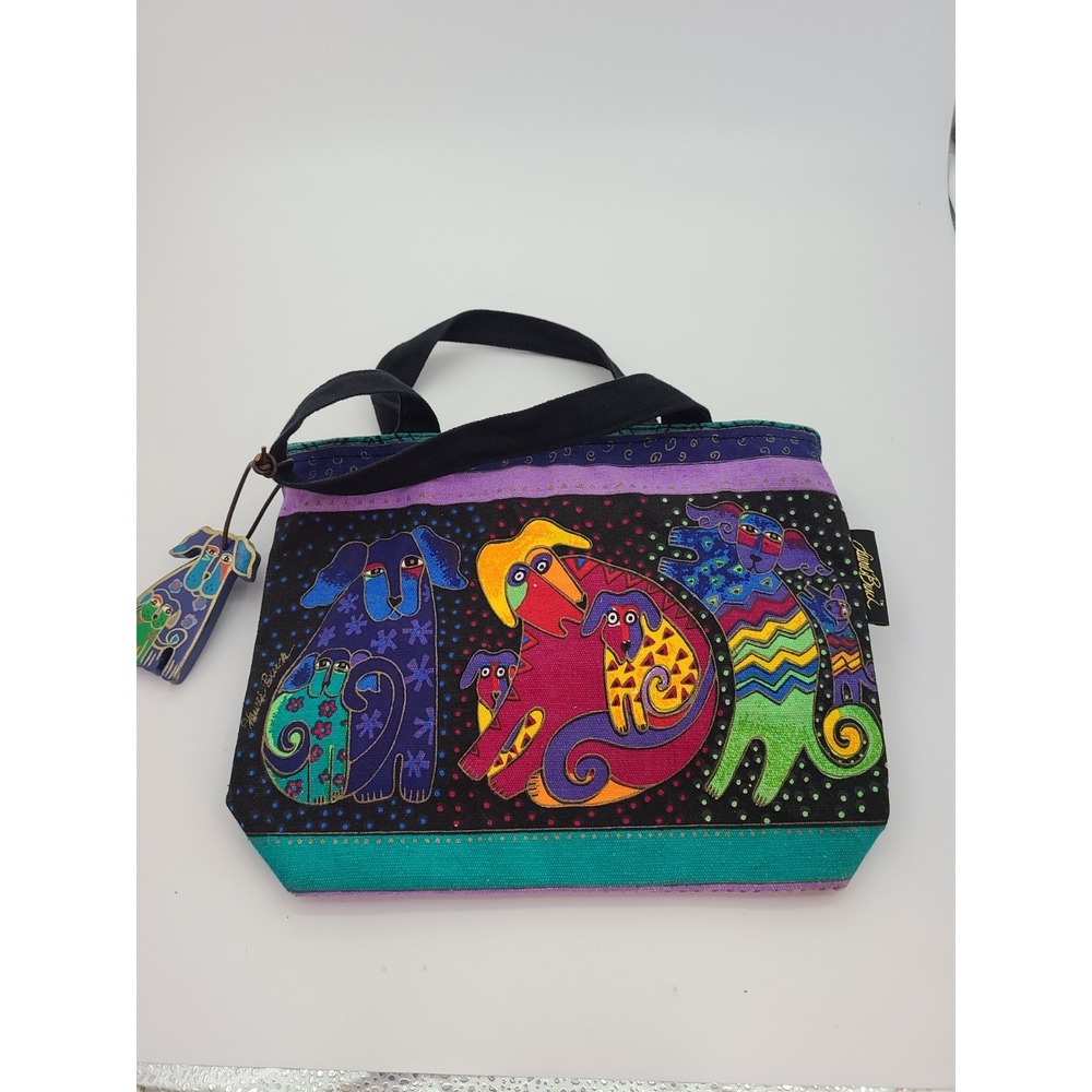 Laurel Burch Dogs & Doggies Small Canvas Tote Bag Featuring Vibrant Colors. EUC